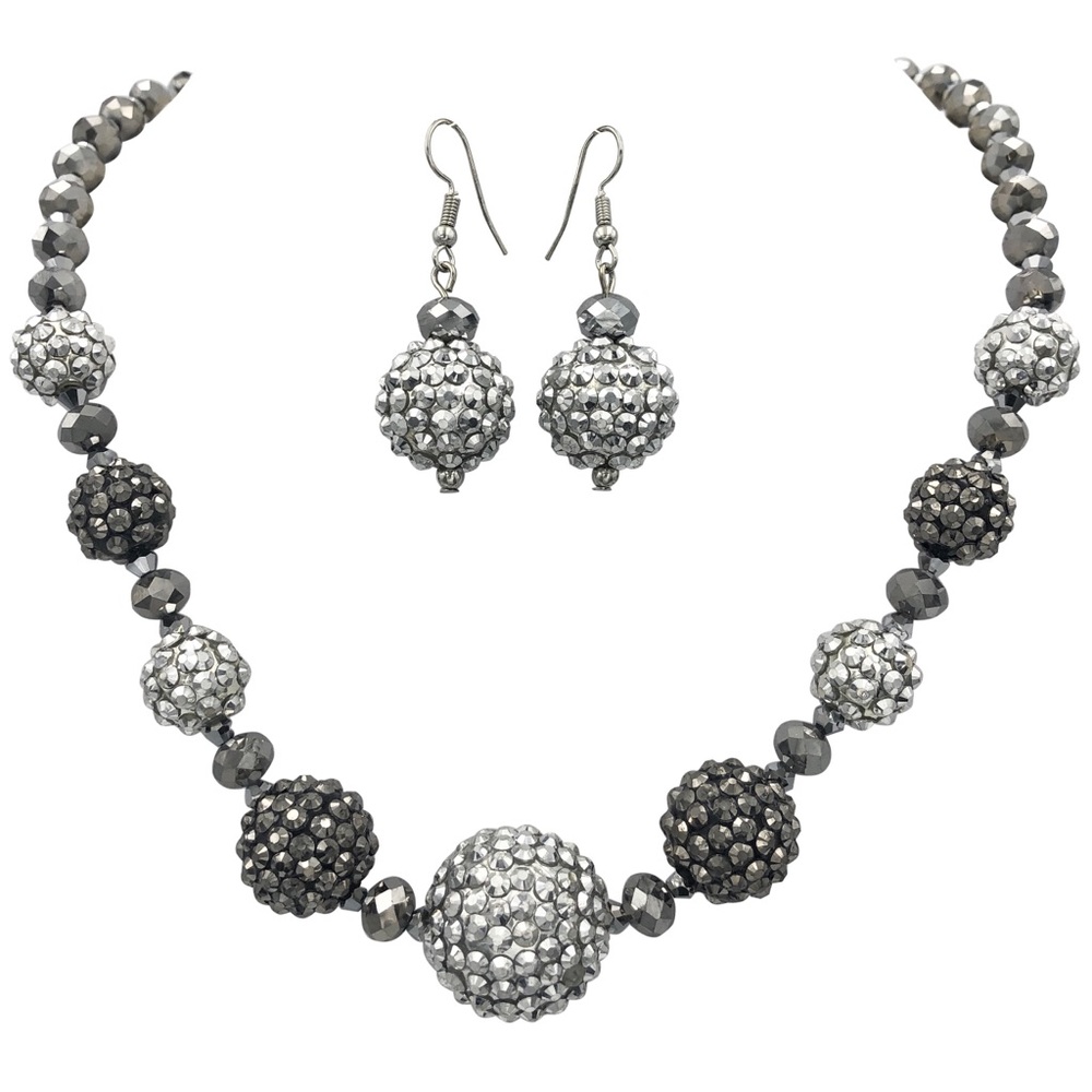 Grey Silver Disco Ball Bead Necklace Earrings Set